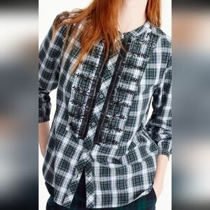 J. Crew Green and Black Plaid Ruffle-Front Button Shirt